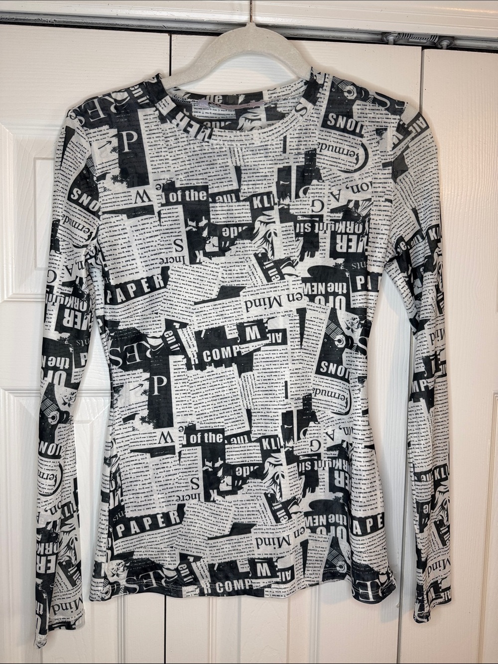 Black & White sheer Newspaper Print Long-Sleeve Top